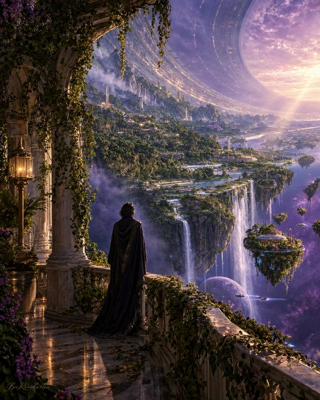 Robed figure stands on a vine-covered stone balcony overlooking a sprawling alien ring world of floating islands and