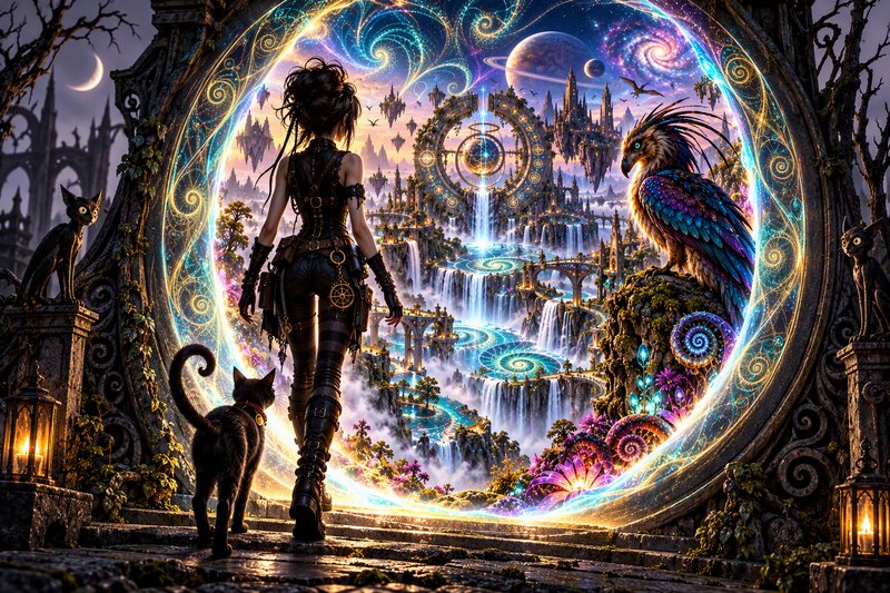Steampunk explorer and her black cat stand before a glowing magical portal leading to a cosmic floating fantasy realm