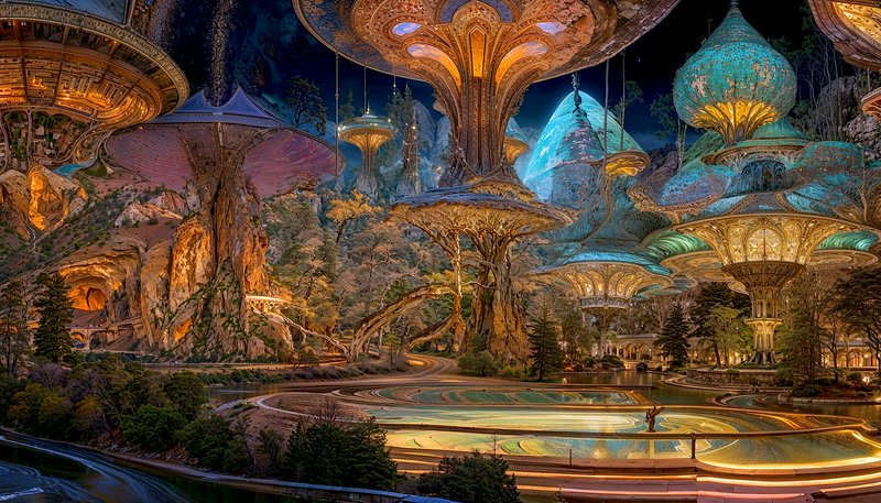 Elaborate organic fantasy city with tree-shaped glowing architecture set against a dark night sky