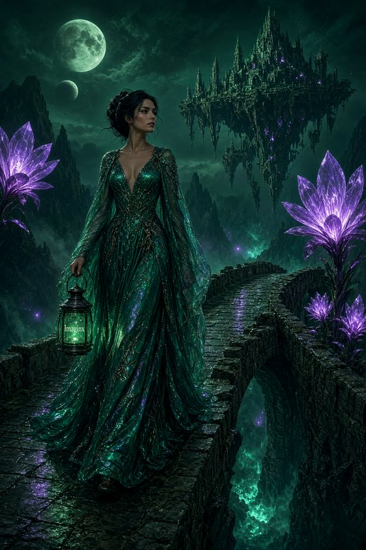Woman in shimmering emerald gown holds a glowing lantern on a stone bridge beneath a floating gothic fantasy castle.