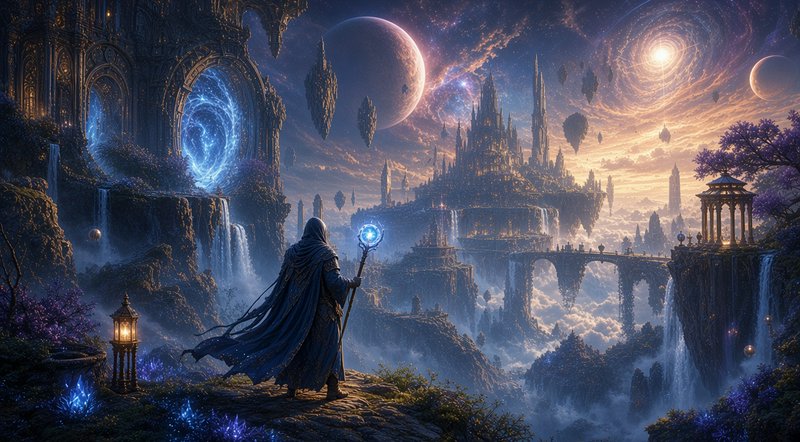 Hooded wizard holding a glowing staff overlooks a floating magical realm under a cosmic starry sky