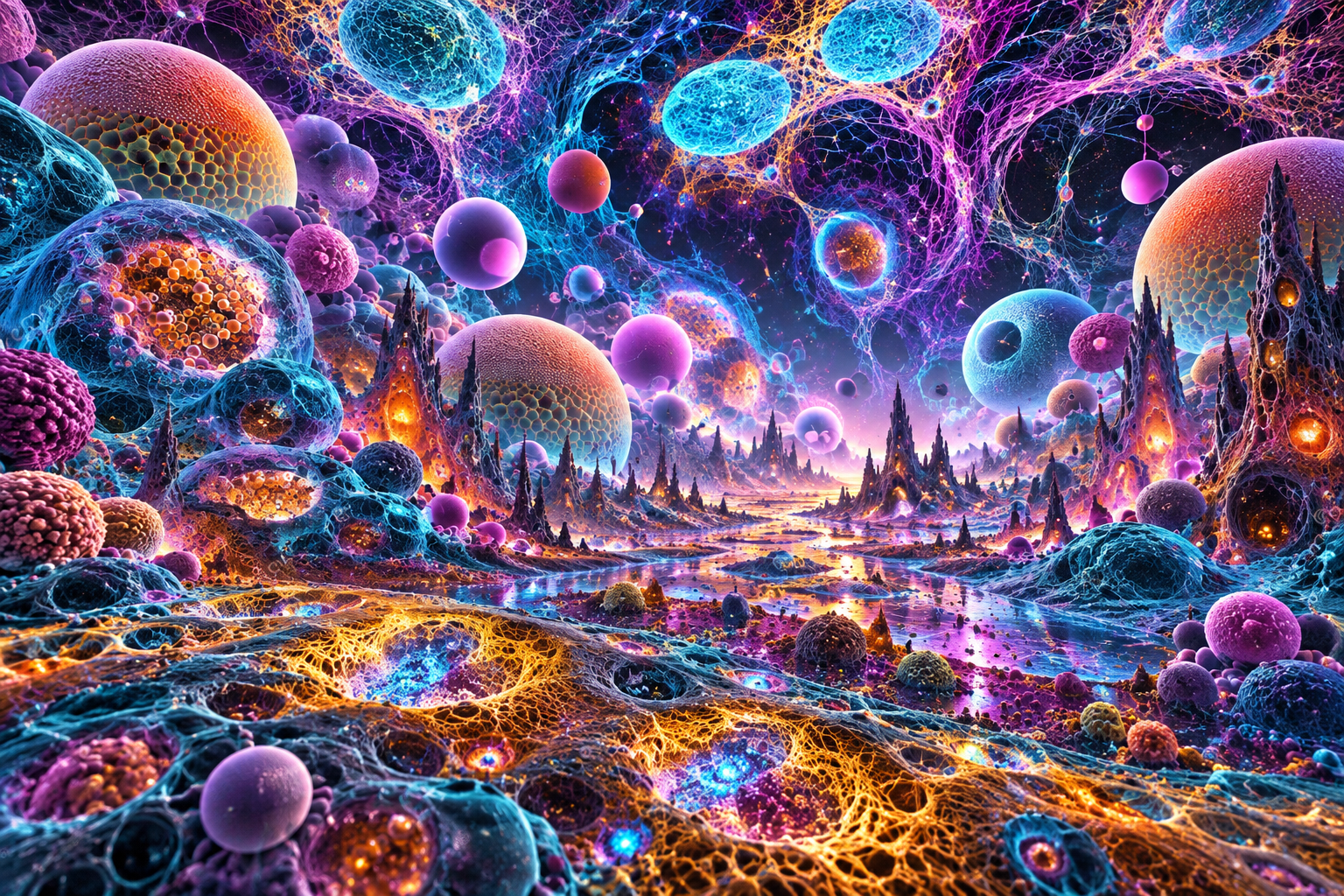 Surreal otherworldly landscape dotted with glowing orbs, jagged spire formations, and iridescent fractal web textures