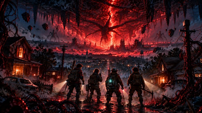 Four equipped explorers stand in a small town street gazing up at a massive fiery interdimensional rift in the sky