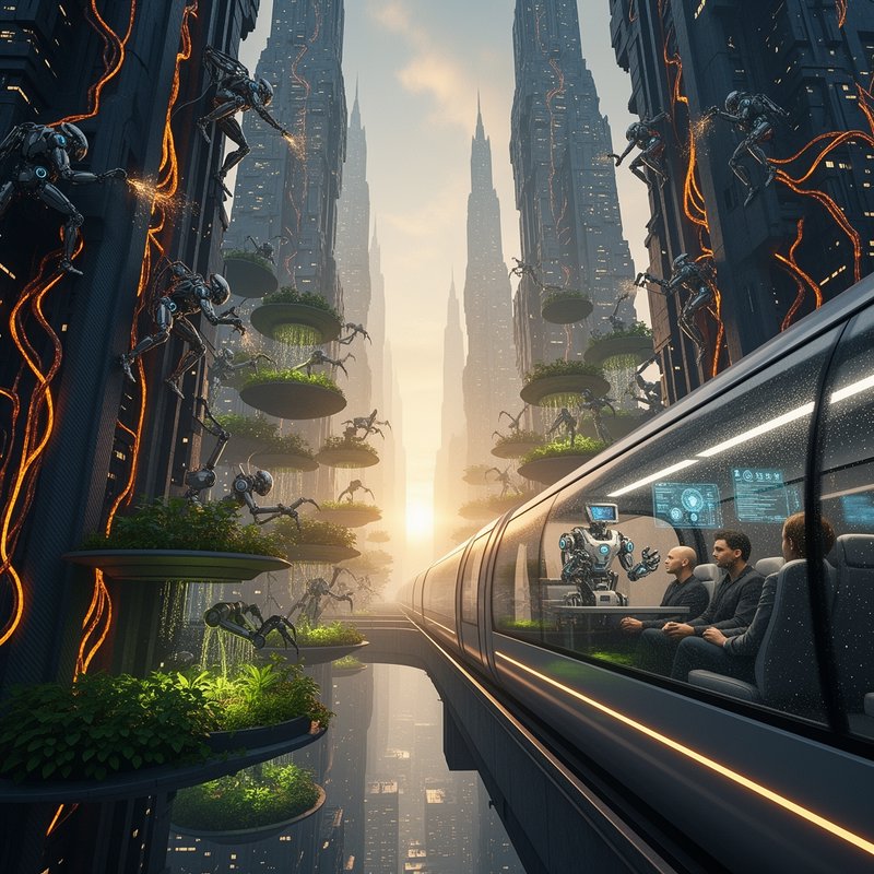 Futuristic sci-fi city skyline with robotic workers, glass monorail, and floating hanging gardens at sunrise