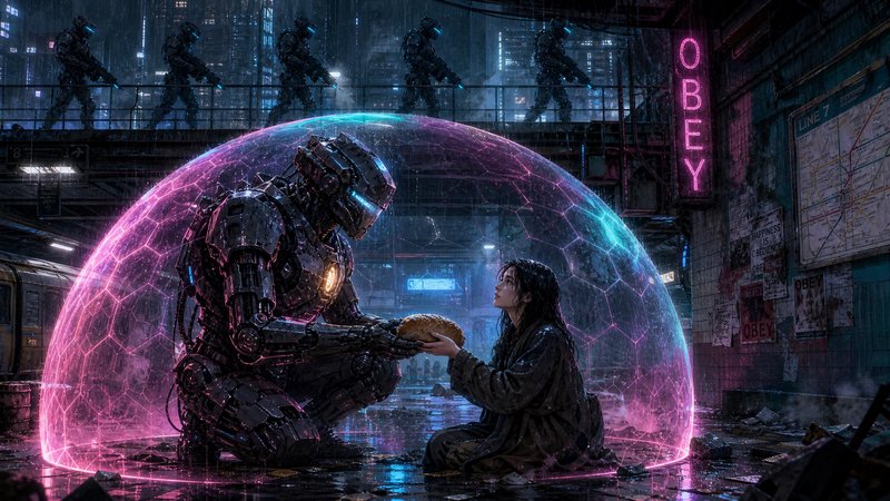 Armored mech robot and woman share bread under glowing force field in a rainy cyberpunk subway station