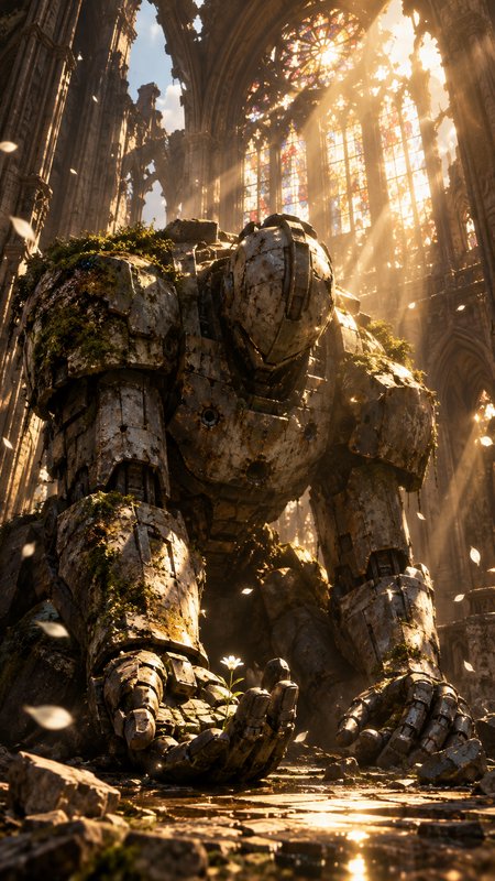 Moss-covered ancient mech kneels holding a small white flower inside a sunlit ruined gothic cathe...