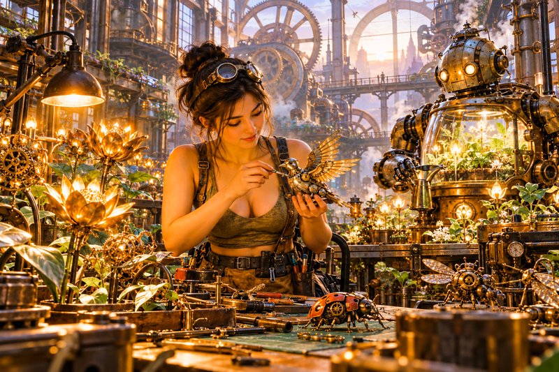 Steampunk female inventor adjusts a mechanical brass bird at her sunlit workshop workbench