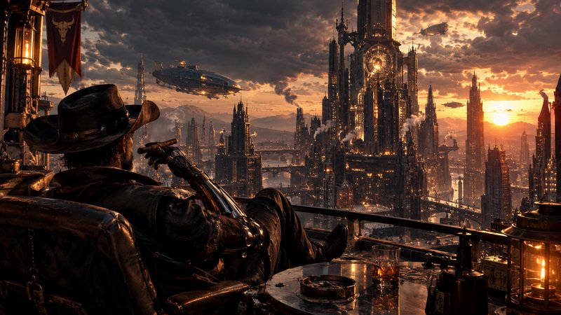 Rugged steampunk cowboy relaxes on a high balcony overlooking a sprawling steampunk metropolis at golden sunset with
