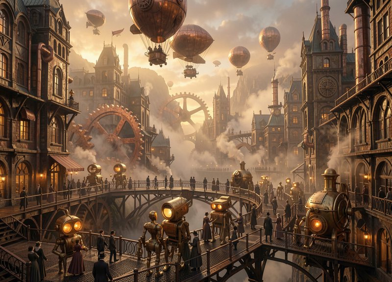 Bustling steampunk city at golden hour with airships, brass robots, pedestrians, and giant industrial cog machinery