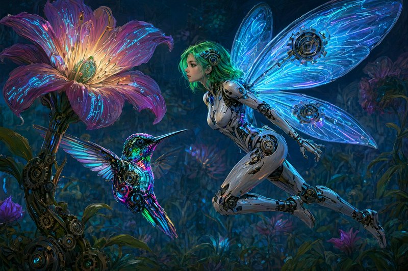 Cyborg fairy with glowing blue mechanical wings floats beside a robotic hummingbird and bioluminescent futuristic flower