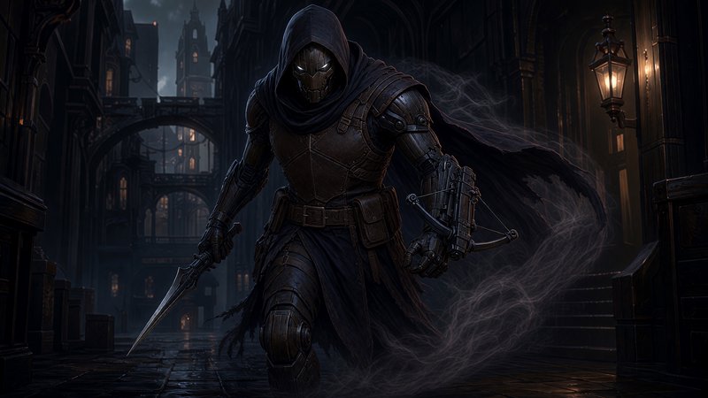 Hooded armored fantasy assassin holds a dagger and wrist crossbow in a dark gothic city alley at night