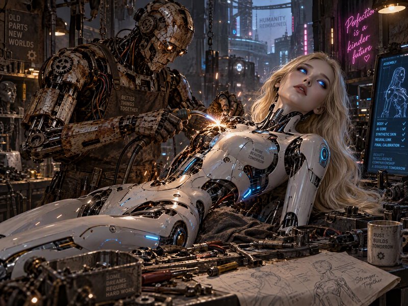 Rusted worker robot welds a sleek blonde humanoid female android in a neon cyberpunk workshop