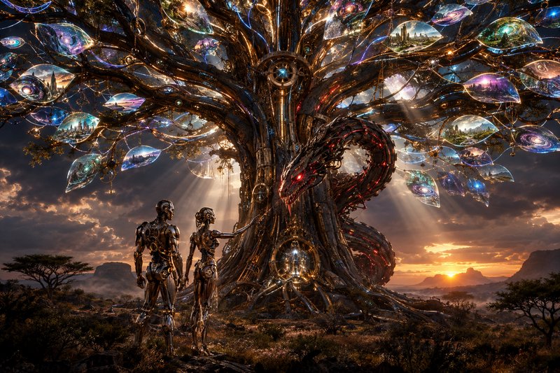 Two futuristic androids stand before a glowing mechanical world tree coiled with a cyber serpent at savanna sunset