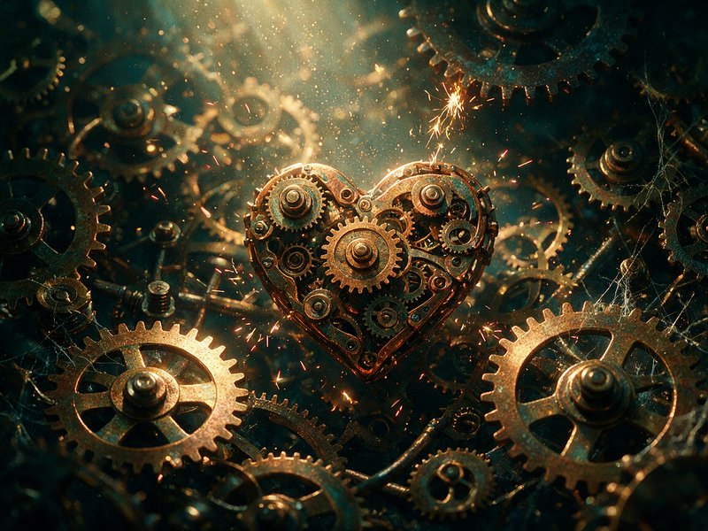 Steampunk brass mechanical heart with interlocking gears floating among rusted cogs and glowing sparks