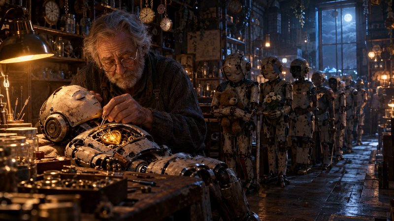 Elderly clockmaker repairs a steampunk child automaton while other robot figures wait in his moonlit workshop