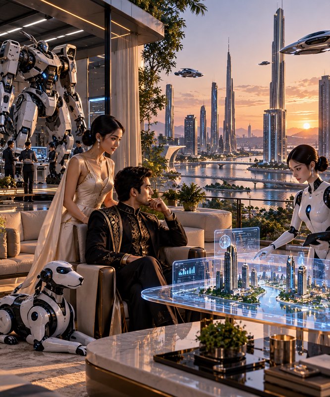 Futuristic wealthy couple review a holographic city model from a luxury penthouse overlooking a sci-fi megacity at sunset