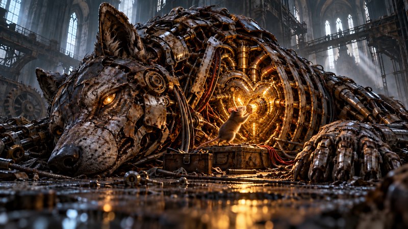 Tiny mouse touching the glowing golden heart core of a giant rusted steampunk mechanical wolf