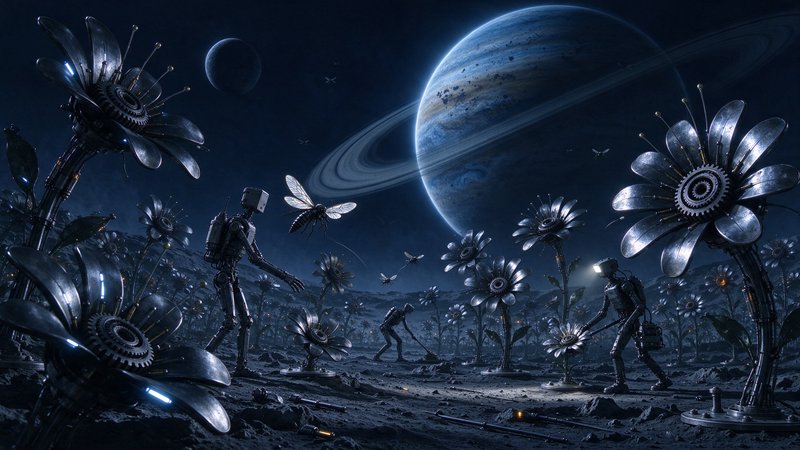 Humanoid robots tend mechanical flower fields on an alien world beneath a glowing ringed gas giant