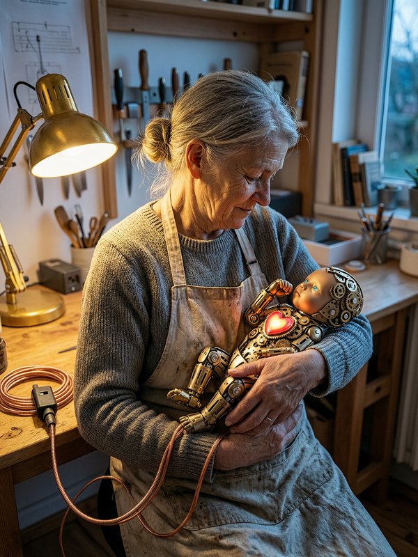Elderly craftswoman tenderly holding a glowing brass steampunk robot baby in her sunlit workshop
