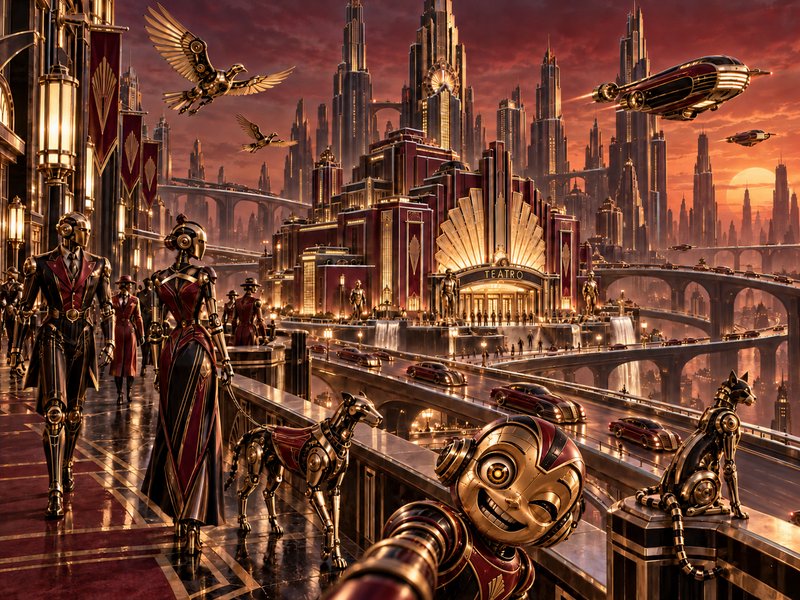 Smiling mechanical robot takes a selfie on a terrace above a sprawling art deco steampunk city at...