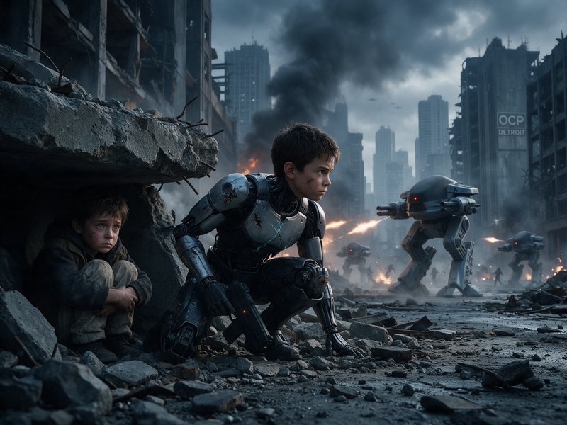 Cyborg boy crouches beside a scared child hiding in rubble as war robots attack a ruined Detroit city