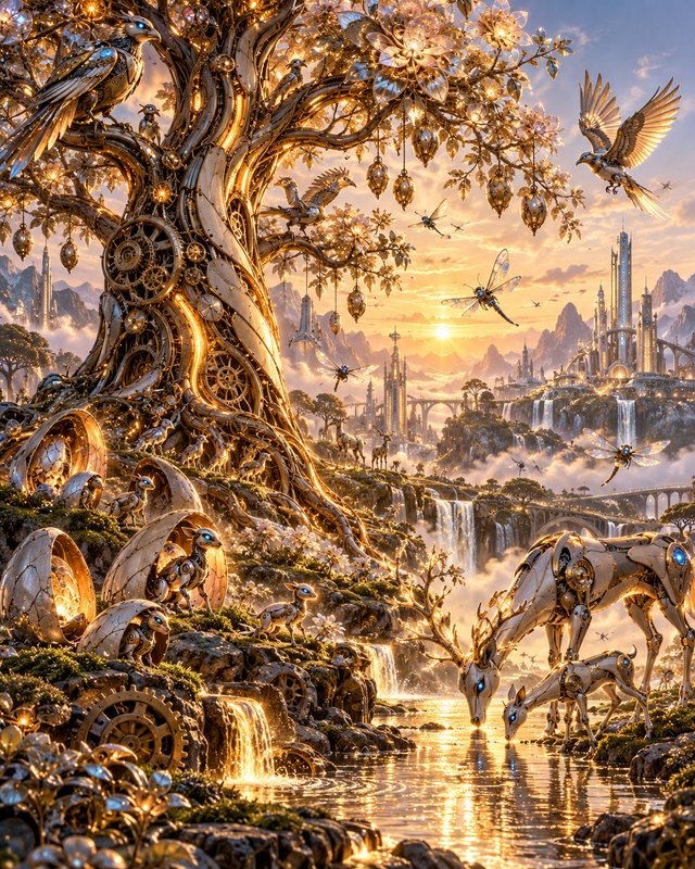 Glowing steampunk mechanical tree and robotic wildlife in a misty fantasy landscape at golden sunset