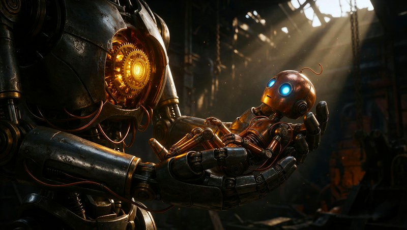 Large steampunk robot gently holding a small glowing copper robot child in a sunlit factory