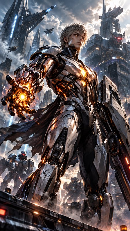 Armored anime mech warrior with glowing energy hand stands above a sprawling futuristic sci-fi ci...