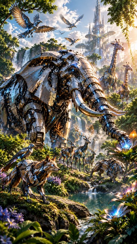 Intricate metallic robotic animals gather in a sunlit fantasy jungle with waterfalls and a crysta...