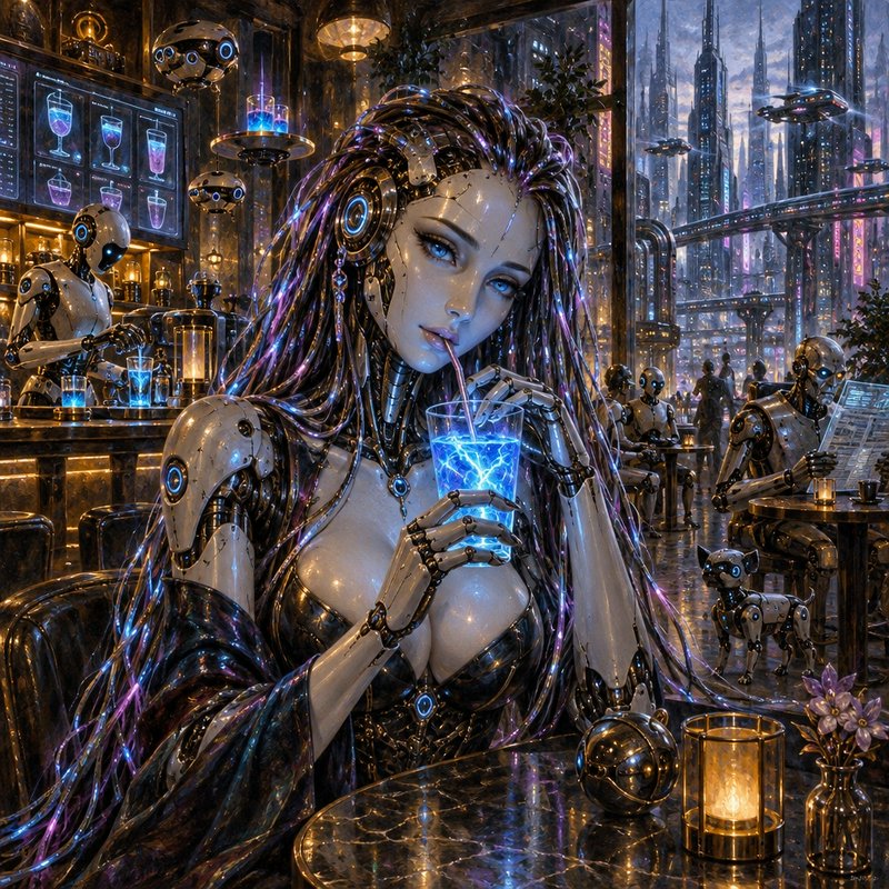 Female cyborg sipping a glowing blue cocktail inside a lavish futuristic cyberpunk bar