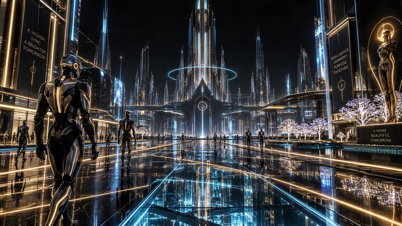 Sleek metallic humanoid robots walk across a glowing neon futuristic city plaza at night