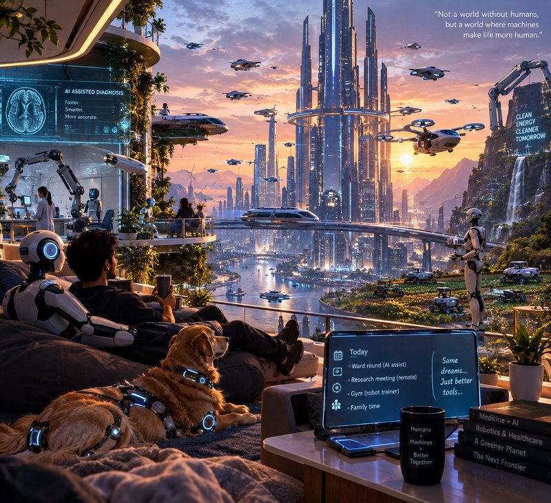 Man relaxing with robot companion and augmented golden retriever overlooking a futuristic smart city at sunset