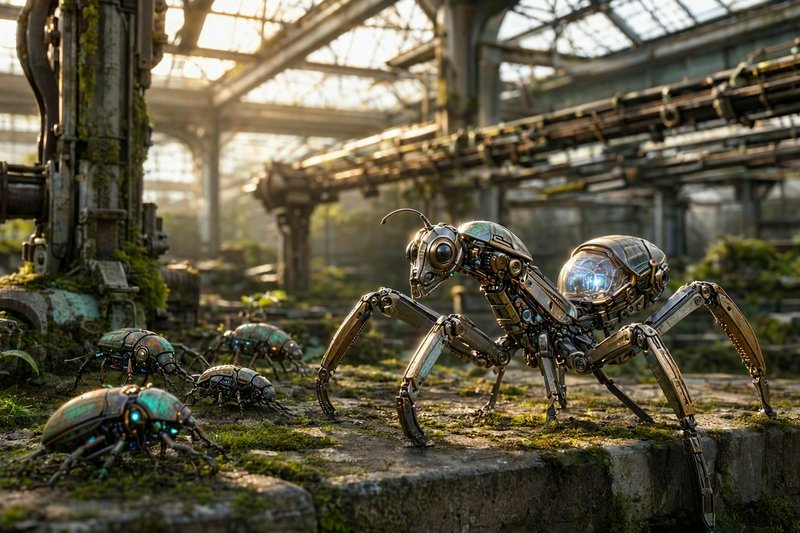 Intricate steampunk mechanical insect robots stand on mossy stone in an overgrown sunlit abandoned greenhouse