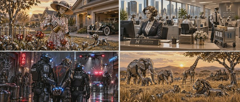 Four panel collage of metallic sentient robots across suburban, office, cyberpunk, and savanna themed scenes
