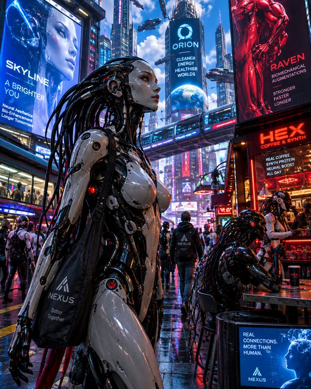 Sleek female biomechanical android standing on a busy wet cyberpunk city street lined with glowing neon billboards