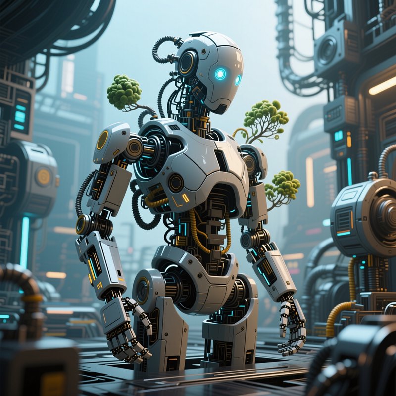Futuristic humanoid robot with glowing blue eyes and sprouting green foliage stands in a sci-fi industrial facility