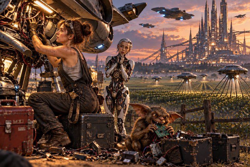 Female mechanic repairs a spacecraft beside a humanoid android and mischievous gremlin, overlooking a futuristic city at