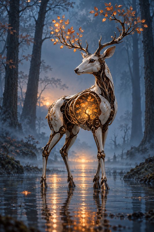 Intricate mechanical stag with glowing leaf antlers stands in shallow misty forest water at twilight