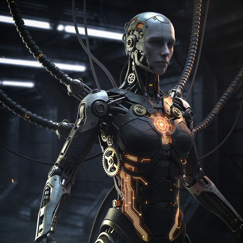 Steampunk humanoid cyborg with glowing orange circuits stands connected to mechanical tendrils in a dark sci-fi lab