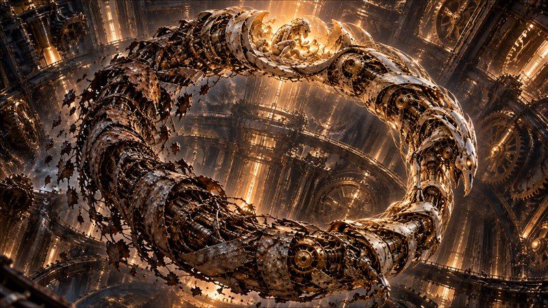 Mechanical steampunk ouroboros phoenix curled into a ring inside a glowing vast clockwork factory interior