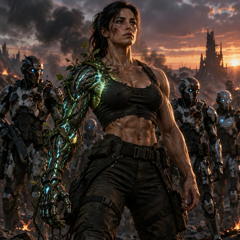 Muscular female cyborg with glowing plant-infused cyber arm stands with robot soldiers on a smoldering post-apocalyptic