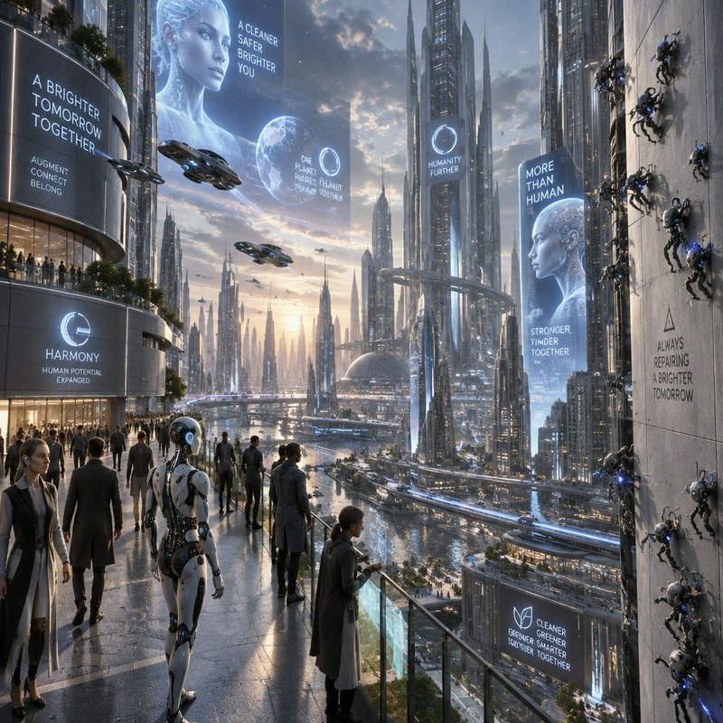 Utopian futuristic sci-fi metropolis at sunset with pedestrians, androids, flying craft, and glowing holographic billboards