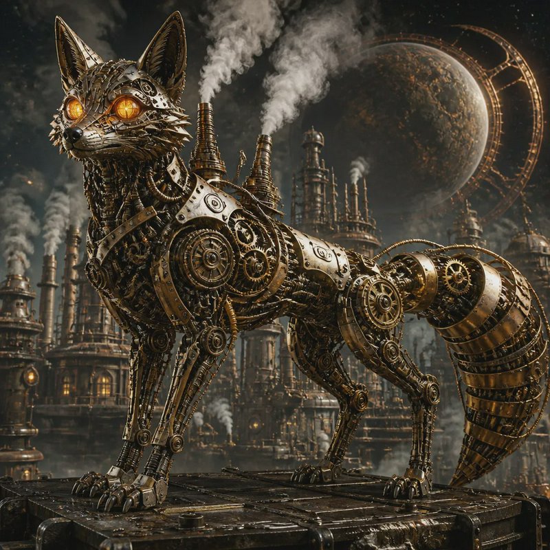 Intricate brass mechanical steampunk fox standing on a metal platform before a smoky industrial fantasy cityscape