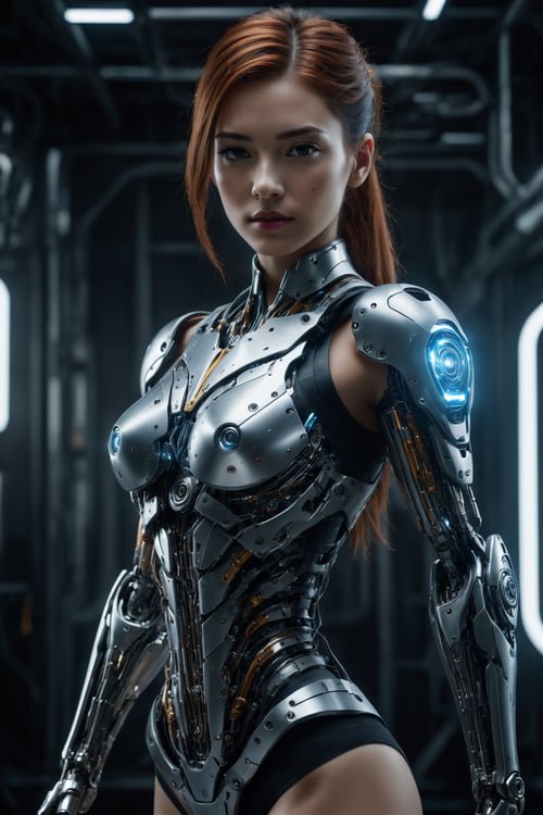 Red haired female cyborg with glowing metallic cybernetic armor stands in a dark futuristic spaceship corridor