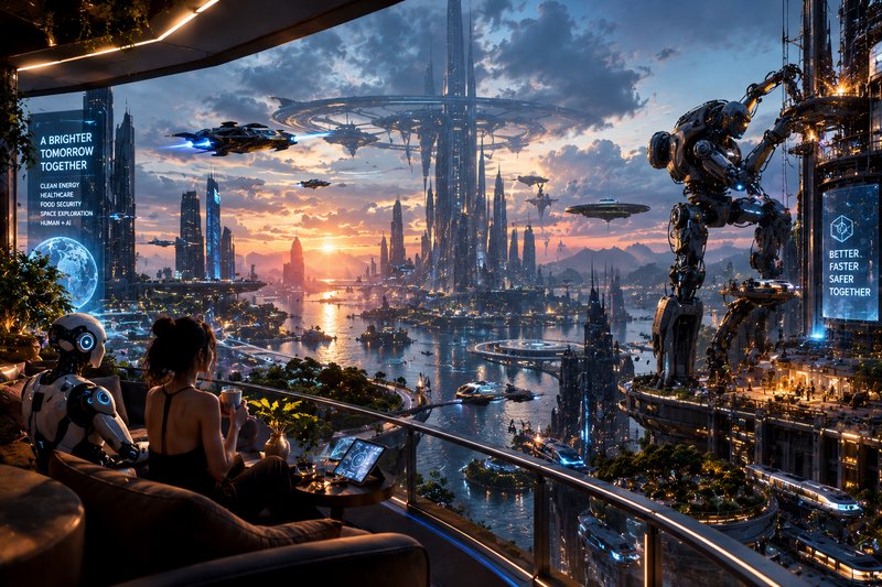 Woman and robot companion overlook a sprawling futuristic sci-fi city from a high-rise balcony at sunset
