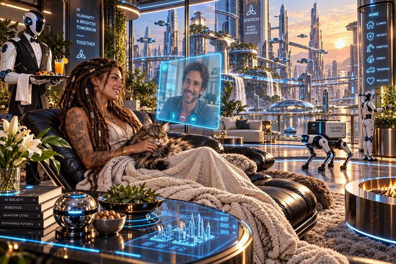 Woman holding a fluffy cat takes a hologram call in a futuristic apartment overlooking a sci-fi city at sunset