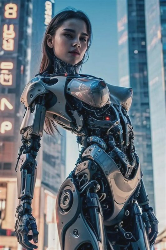 Female humanoid cyborg with a human face stands amid futuristic downtown skyscrapers