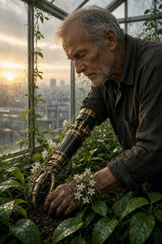 Elderly gardener with a brass prosthetic arm tends flowering plants in a rooftop greenhouse at sunset