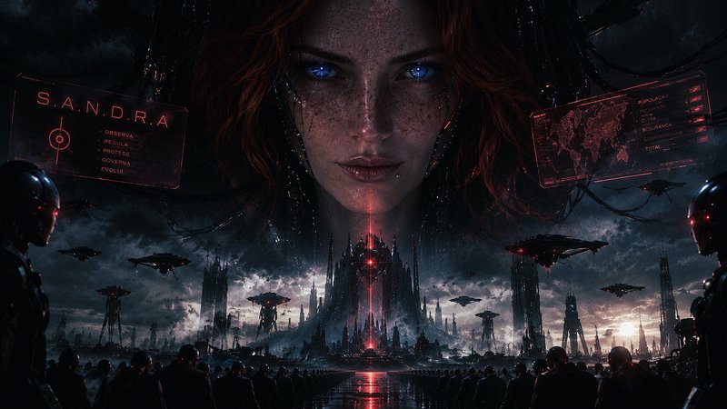 Sentient AI SANDRA looms over a dark dystopian cyberpunk city under stormy twilight skies