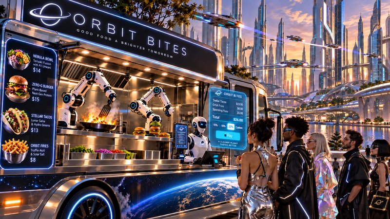 Futuristic robotic Orbit Bites food truck serves customers in a glowing sci-fi waterfront city at sunset